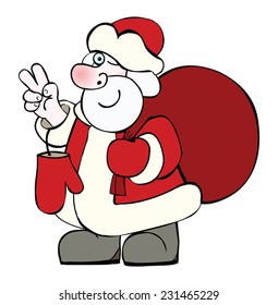 There is Santa Claus with a big sack of Christmas gifts.