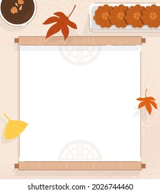 There are scrolls, Korean sweets and traditional drinks. Vector illustration of Korean autumn festival Chuseok celebration background.