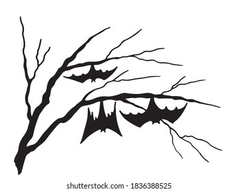 There are several bats on a large branch. Vector illustration for the holiday Halloween.