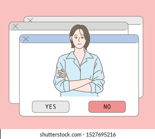 There are several popup windows on my computer monitor. A woman is asking for a choice in the frame. hand drawn style vector design illustrations. pink color background