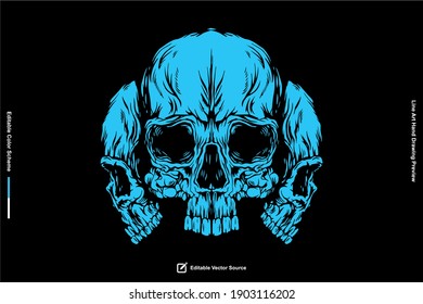 There Side Skull Head skeleton Vector Illustration for T shirt merchandise material and Tattoo design 