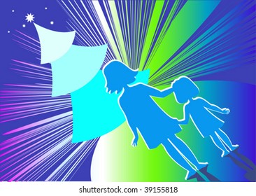 There are the silhouettes of two girls in the background of    Christmas  stars shining