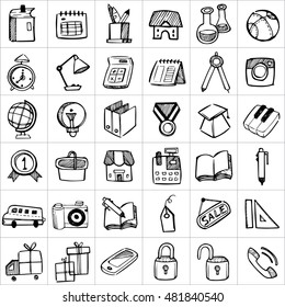 There are simple hand drawn icons related to communication, business and media. 
