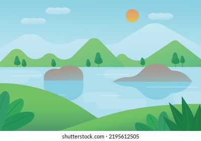 There are small rocks in the clear lake. Blue sky on the background of mountains. flat design style vector illustration.