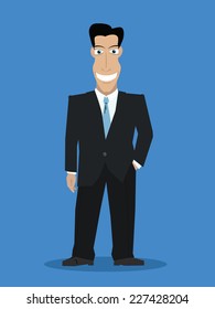 There is a smiling businessman in a black suit.