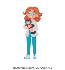 Hay alguien que cuida de los animales y los ayuda a mantenerlos sanos, como un veterinario. Ilustración vectorial.