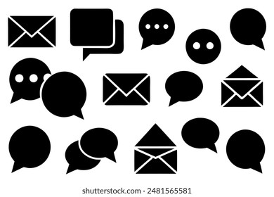 There are speech bubbles and envelopes placed on a white background