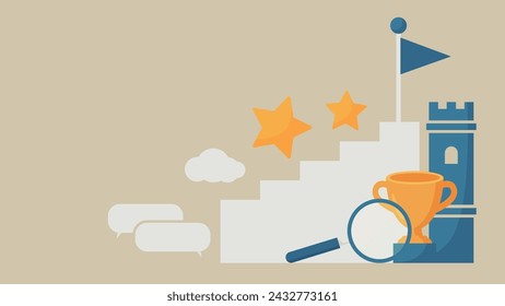 Hay estrellas, torre, bandera, nube, burbujas de voz, escaleras, trofeos y lupas.