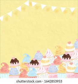 there are a lot of sweet and cute cupcakes.designing card is watercolor style.background is yellow paper and decorate with white flag.frame for bakery cafe poster.chocolate and dessert lay on muffin.