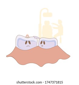 There are teeth one of them has a toothache with dentist and dental equipment on white isolated background, vector illustration for funny pictures and posters, concept of Children’s Stomatology.