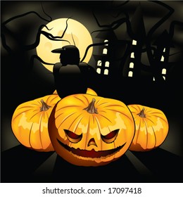 There are terrible pumpkin, crow and mysterious  house on dark background.