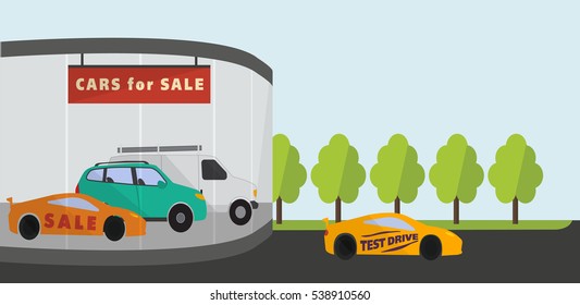 There is test drive area. There is Auto Salon near the forest. Buying from dealers. Sale car. There is dealership salon in Automotive dealers. 
