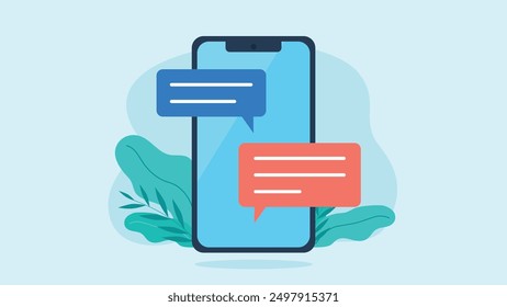 There are text message bubbles on the cell phone screen. There are flower leaves behind the phone. Flat design vector illustration.