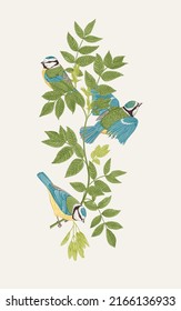 There are three birds in the ash branches. Vector vintage classic composition. 