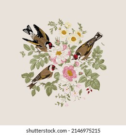 There are three birds in the rose bushes. Vector vintage classic floral composition. 