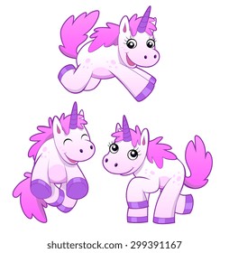 There are three cartoon pink unicorns on white background.