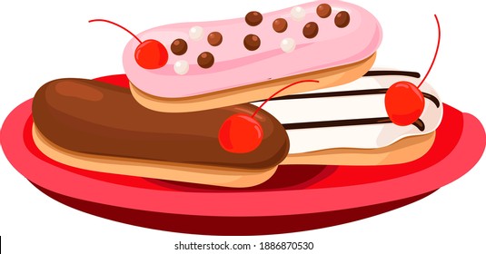 There are three eclairs on a red plate: chocolate, cherry and white frosting. Vector drawing for menu design, recipe.