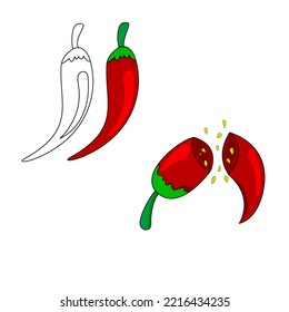 There are three kinds of red chilies in the picture, a sketch of chilies, whole chilies and chilies that have been cut.