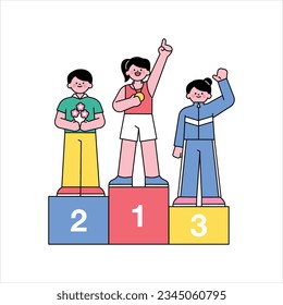 There are three players standing on the podium. They are rejoicing with gold, silver and gold medals around their necks, respectively. outline simple vector illustration.