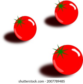 There are three red tomatoes on a white background.