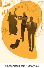 There are three silhouettes of street musicians