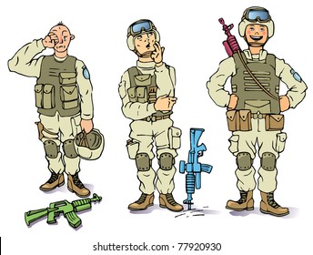 There is the three soldiers in the US army uniform - the sad one, the thoughtful and the happy.
