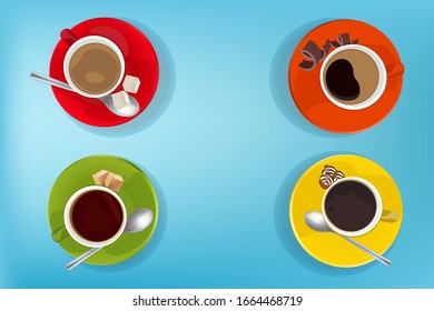 There are three types of coffee and one tea with sweets to choose from on a bright background