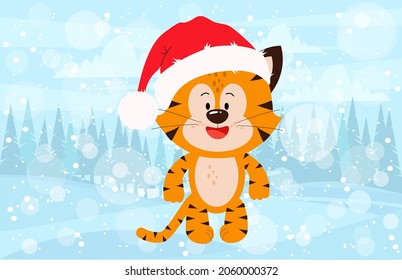 There is a tiger cub in the winter forest. Greeting card template "Year of the Tiger" 2022. Happy New Year.