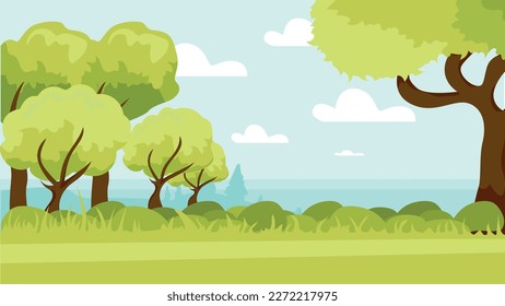 There are trees and grass around. The background is quiet green. There is house on the background.  Forest concept.