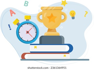 There are a trophy and stopwatch kept on books.