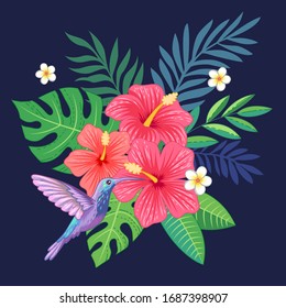 There are tropic plants, flowers and birds at decorative composition on dark blue background