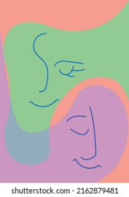 There are two abstracted portraits  It's vector drawing  Orange  green   purple colors are used 