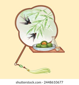 There are two beautiful birds on the fan, as well as green dimsum and wine