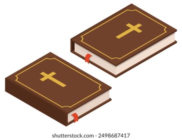 There are two beautifully illustrated brown books that feature a prominent cross emblem displayed on their cover. Holly Bible isometric.