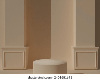 There are two beige pillars in front of a beige background. Between them is a cylindrical object. 3d vector background image.