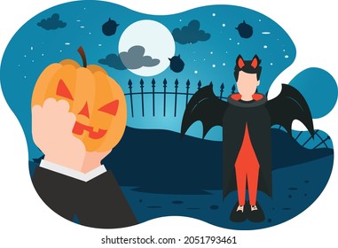 There are two boys wearing halloween costumes.