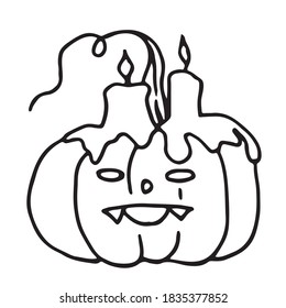 There are two burning candles on the pumpkin. The melted wax drips down the Halloween pumpkin. Vector illustration.