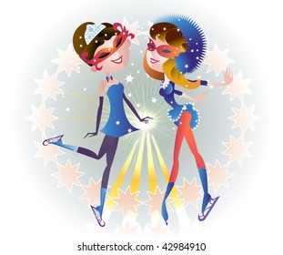 There are two figure skaters  in the rink