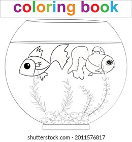 There are two fish swimming in a round aquarium. Coloring book page template for kids .Vector illustration EPS 10.