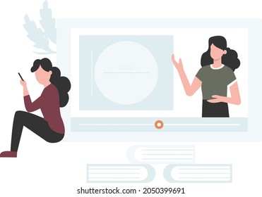 There are two girls.one sitting and using mobile phone.and the other one teaching online.