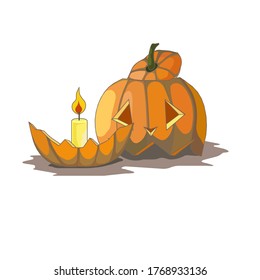 There are two halves of carved pumpkin named Jack-O-Lantern on white isolated background, a vector illustration for Halloween that can be used as a décor or an art for design, prints or making logos.