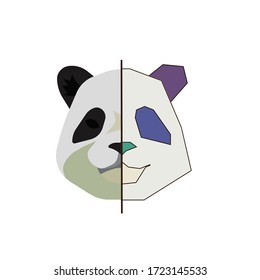 Hay dos mitades de la cara de panda - realista y dibujo hecho como una ilustración vectorial sobre fondo blanco aislado. Se puede utilizar como arte conceptual o como parte del diseño, como impresión o como pegatina.