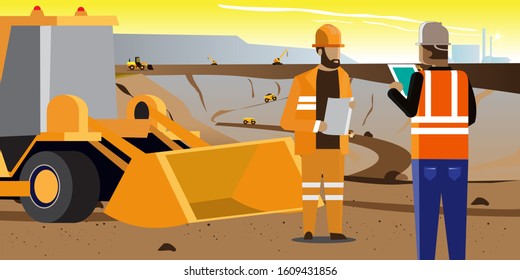 There are two mining workers checking the activities of a stone and oil mining site. visible mountains and clear afternoon sky, and a large hole mining results