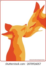 There are two orange foxes and the baby fox puts his face on his mother's face