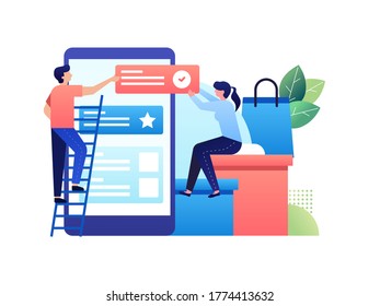 There are two people do a collaboration to make their own marketplace to sell their product. They make best content on their store to attract new buyer. Vector illustration with minimalism style