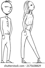 There are two people in the image - a young guy and a girl. They both keep their hands in their pockets, feigning confidence and freedom of thought.