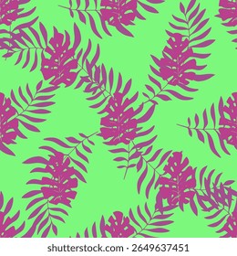 There are two primary types of leaves included in the design: one resembles a monstera leaf with distinctive cutouts, while the other resembles a palm leaf fan composed of long, narrow segments. 