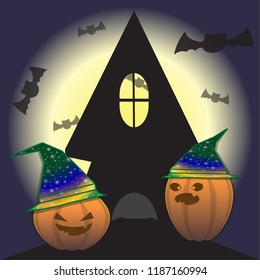 There are two pumpkins in front of the house in the evening. We have meeting on Halloween day 