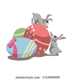 There are two rabbits and three eggs decorated for Easter that was made as a vector illustration. It can be used every spring as an element of decoration for websites, postcards or posters.