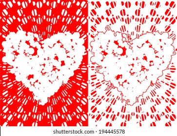 There are two red heart with a bubbly texture effects. one empty and the other full of heart painted. red contours on a floor. on the ground with a circular texture effects.